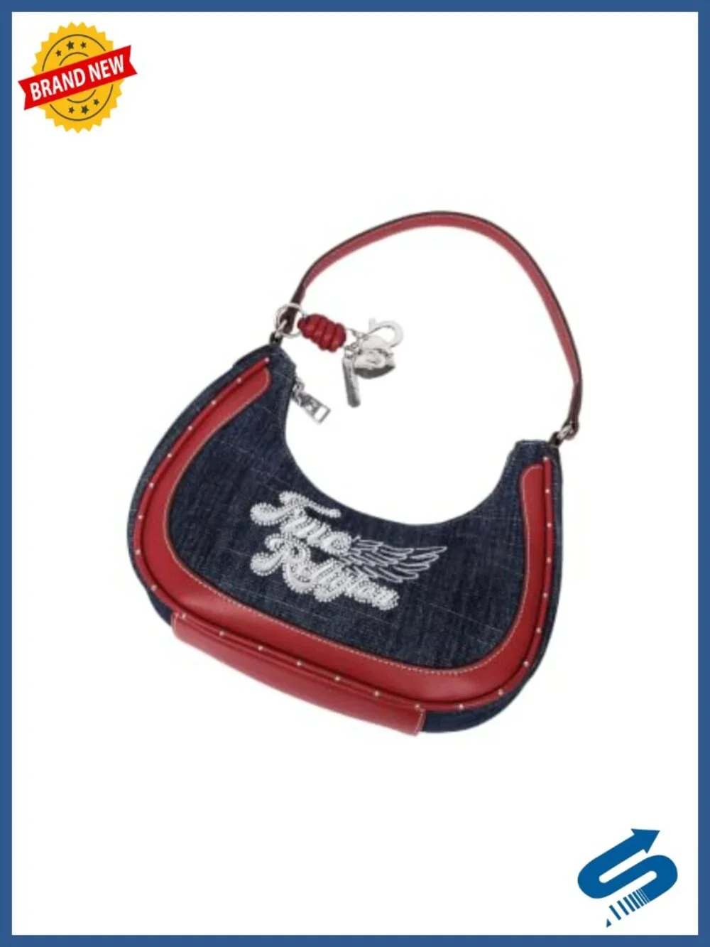 True Religion Denim Hobo Bag – Wing Motif, Polyester Blend